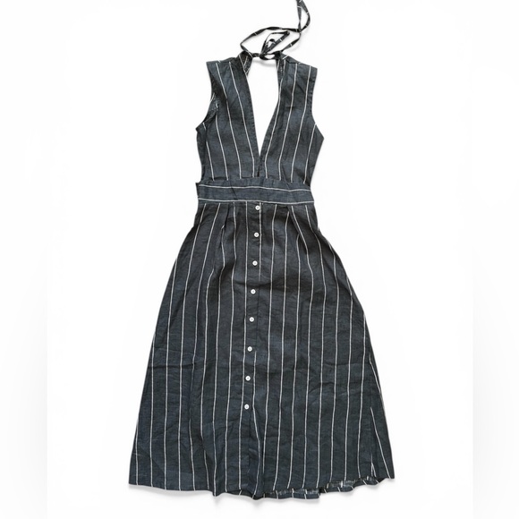 Faithfull the Brand Dresses & Skirts - Faithfull the Brand Charcoal Striped Linen Dress Deep V Open Back Balletcore